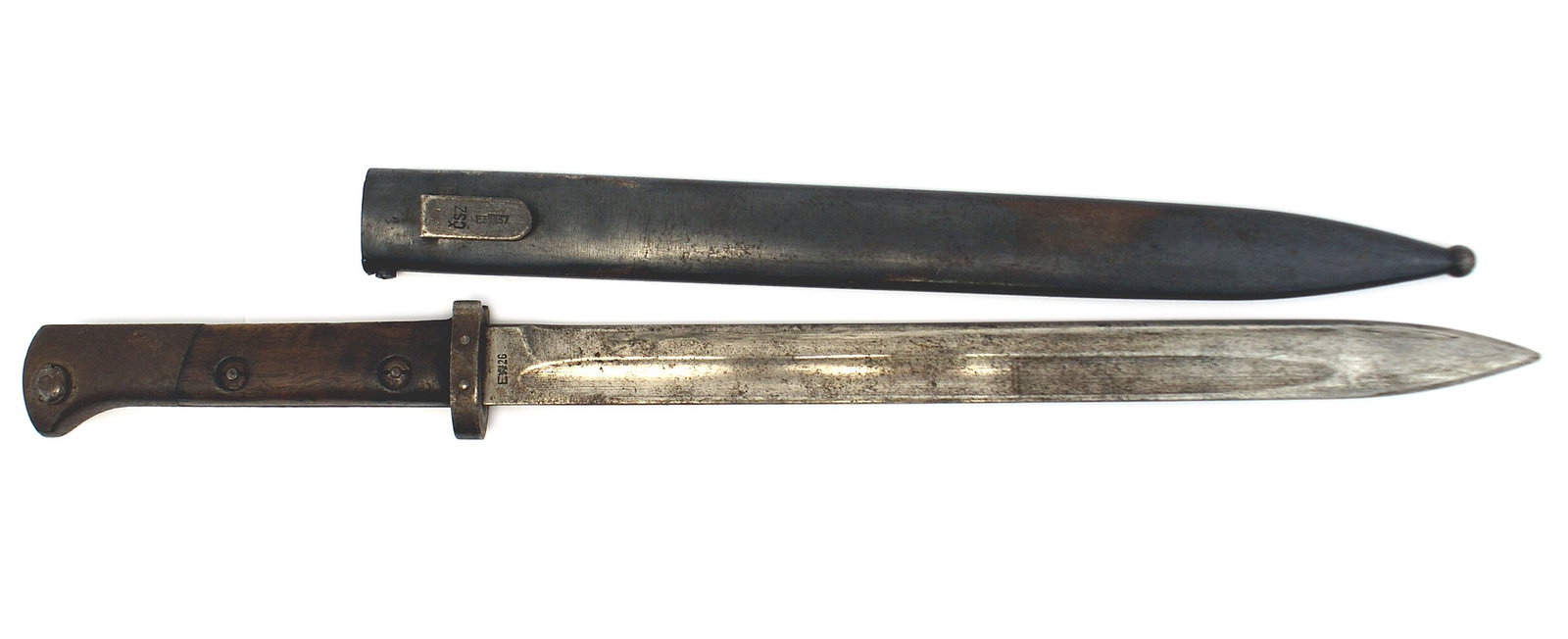 Czech VZ-24 bayonet: D-144 Czech VZ-24 bayonet. Steel pommel and short crossguard without a muzzle ring. Wood grips. 11 3/4" reversed blade shows wear. Marked with Czech lion and "E26". Steel scabbard with 85% of the blui