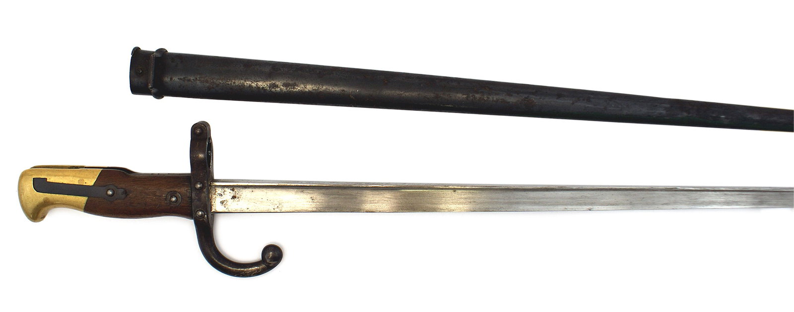 French Epee M1874 bayonet Gras rifle: D-148 French "Epee" M1874 bayonet - used with the Gras rifle. Unusual "hump" wood grips with a brass pommel, steel muzzle ring and turned-down quillon. Fairly clean 20 5/8" "T" back spine blade marked