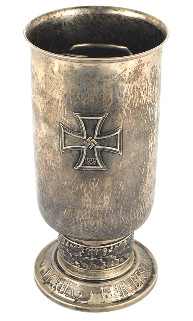 German WWII Luftwaffe Ehrenpokal Knights Cross: A-040 German WWII Luftwaffe silver "Ehrenpokal" awarded to a holder of the Knight's Cross. Hammered silver Honor Goblet bearing an embossed panel of two eagles in combat. Reverse bears a 1 5/8" x 1 5/