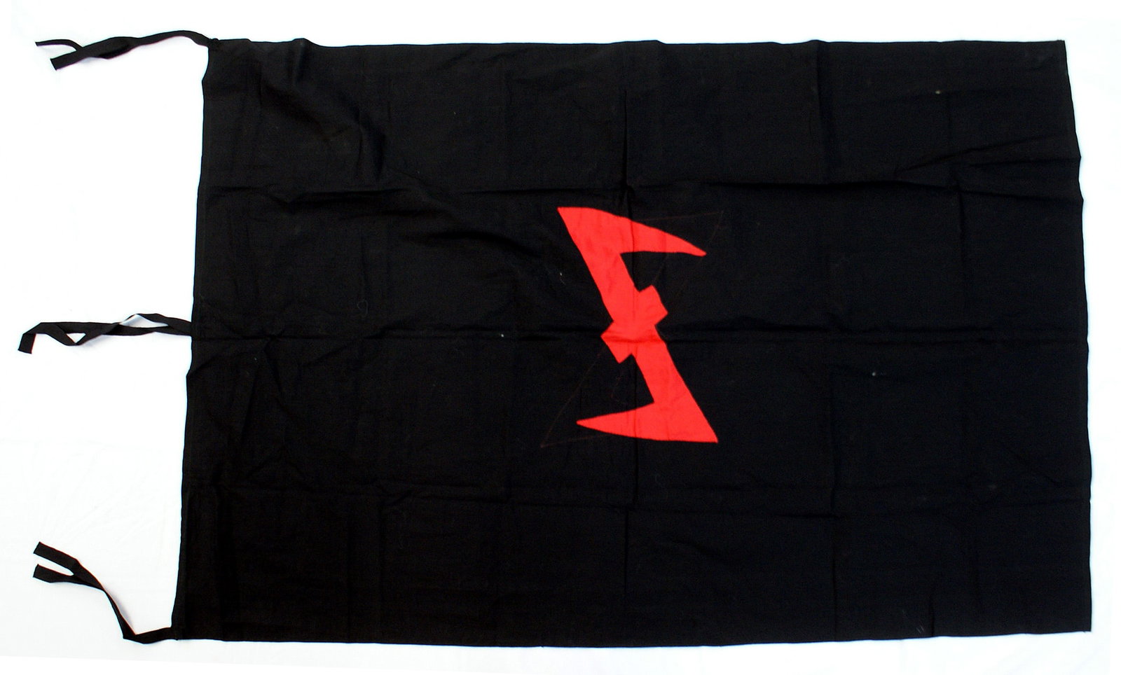 WWII era Dutch WA Stormtroopers flag: H-122 WWII era Dutch "WA" (Stormtroopers) flag. 6 1/2" x 11" vertical red silk "wolf hook" sewn to a 31" x 45 1/2" black field. Three sets of cloth ties. II