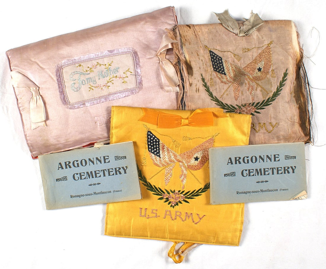 US WWI lot pillow covers: H-129 US WWI lot: (1) Padded silk 11" x 14 1/4" American 48-star flag pillow cover. (2) Similar-embroidered crossed American and family member in service flags, wreath and US Army". Reverse has a 48-s