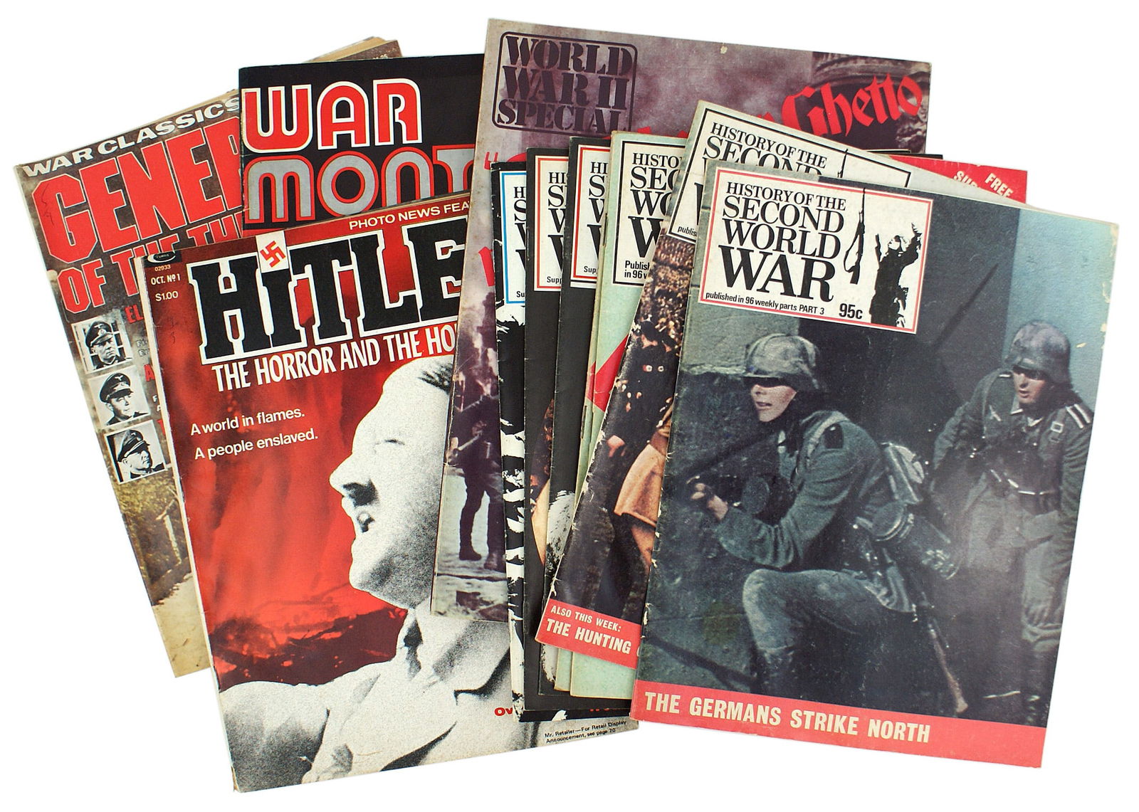 11 pictorial history magazines of WWII: I-025 Lot of 11 pictorial history magazines of WWII. Includes: (1) Eight issues of "HISTORY OF THE SECOND WORLD WAR". Published 1973 - 1975. (2) Three miscellaneous magazines related to "GENERALS OF T