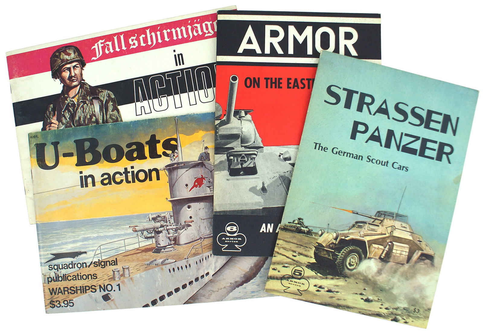4 pictorial references German WWII paratroopers: I-029 Lot of 4 softcover pictorial references on German WWII paratroopers. U-boats and armored vehicles: (1) "Fallschirmjager in ACTION". 47 pages Published in 1973. (2) "U-boats in action" 49 pages. 
