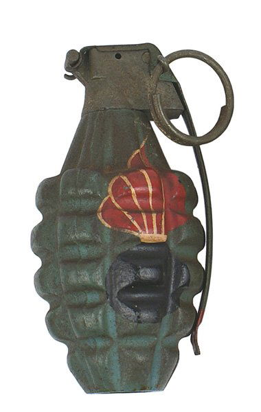 U.S. "pineapple" fragmentation grenade: M-58 U.S. "pineapple" fragmentation grenade. Painted flaming grenade and "ASP #63-KOREA 66-69". Top of handle dated "…11-52". Complete, missing trap on bottom. II