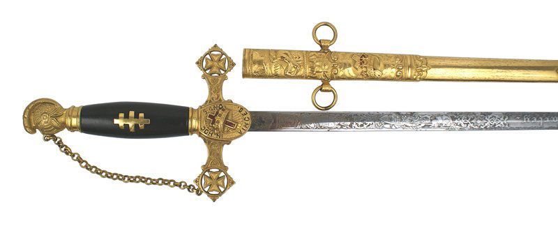 Knights of Malta officer sword in gold: K-74 Knights of Malta officer's sword in gold. 38" overall. 30" blade engraved with "J.A. FARLEY" and "RED CROSS COMMANDERY NO.27 K. of M.". With battle scenes, knights, banners, made by "THE MCLILLEY