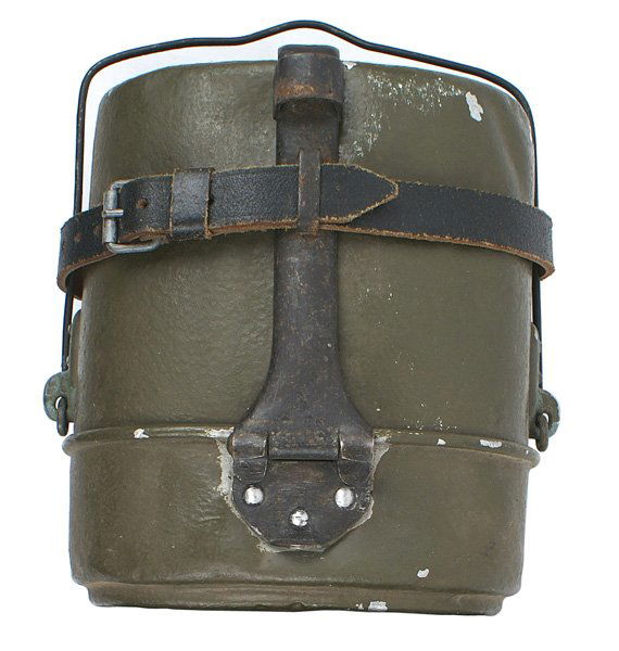 German WWII Army mess kit: N-5 German WWII Army mess kit. Similar to above, but a taller earlier type. A period repaint. Some dents. With a retaining strap. II-