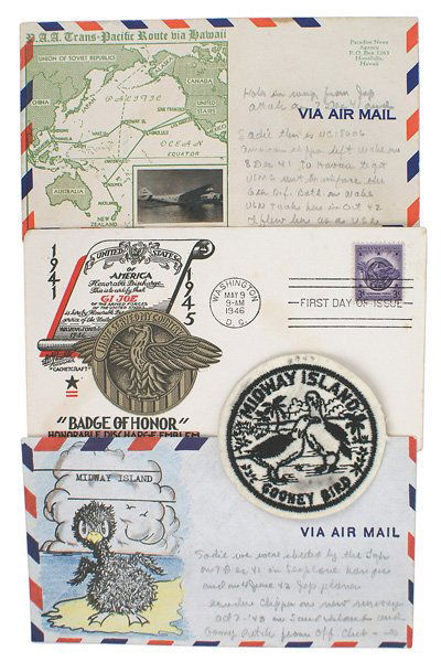 U.S. WWII Navy Pan American seaplane pilot lot: Q-1 Lot from a US WWII Navy recruited Pan American seaplane pilot: (1) Pan American transpacific envelope with map of the route flown. Written notes include "holes in wings from Jap attack on 7 Dec 41