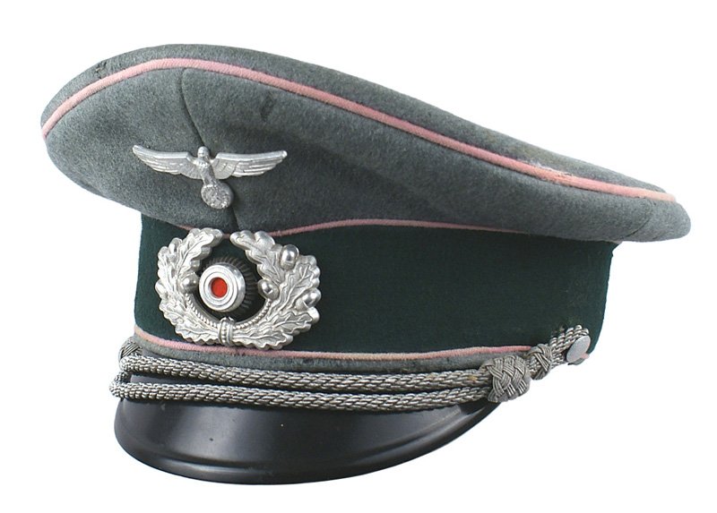German WWII Infantry Panzer peaked cap: E-96 German WWII Infantry officer-modified to a Panzer peaked cap. Some mothing on the wool body. White piping has been colored pink. Metal eagle/swastika and wreath/rosette. Silver bullion chincord. 