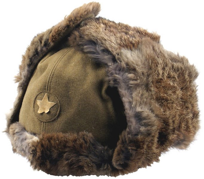 Japanese WWII tanker winter hat: E-158 Japanese WWII tanker's winter hat. Brown wool with a sewn-on yellow star insignia. Rabbit fur lined-fold-down earflaps (have openings for earphones). Cloth part of liner has issue stamping. II