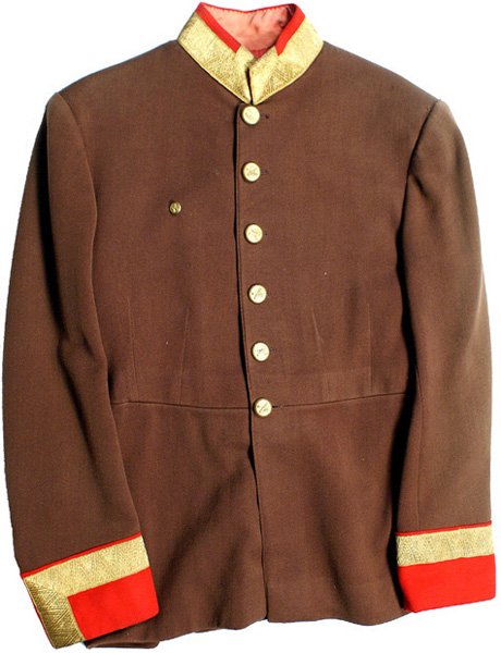 Austrian Artillery General service tunic: F-1 Austrian Artillery General's service tunic. Quality brown wool with 6 gilt (cannon/cannon balls) buttons down front and 2 on back of waist. Small button chart for cord attachment. Most of the red 