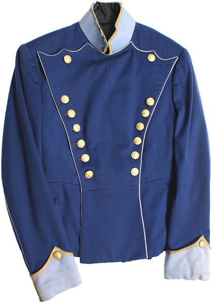 Imperial German Prussian Uhlan NCO tunic: F-18 Imperial German Prussian 12th/16th Uhlan NCO's "Ulanka". Quality blue wool tunic with a gold "tape" piped light blue-gray stand-up collar and "pointed" cuffs. Same piping on front "bib", on back 