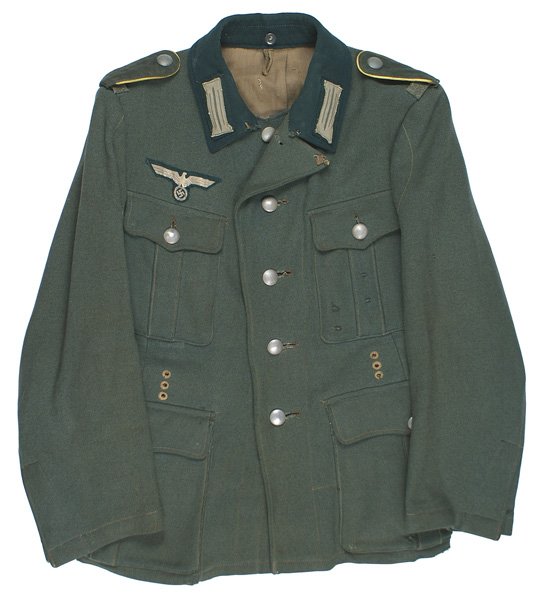German WWII Army EM combat wool tunic: F-37 German WWII Army EM combat four-pocket summer wool tunic. White on green breast eagle. Field applied universal type collar tabs. Late war signal shoulder boards (slip-on). Thread loops for two ba