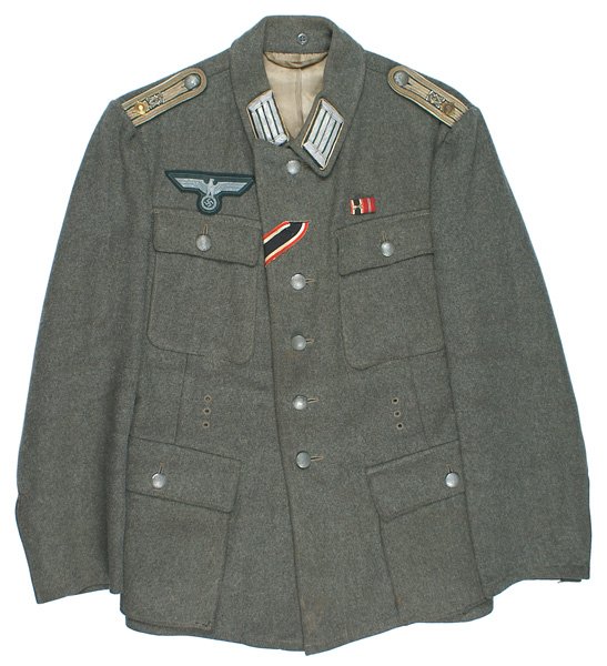 German WWII Administration 1st. Lt. combat tunic: F-46 German WWII Administration 1st. Lt. field service, combat type four-pocket wool tunic. Flat silver wire breast eagle. Silver gray collar tabs and shoulder boards (one pip and a "HV" device) with 