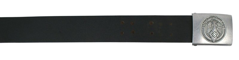 German WWII HJ Hitler Youth belt buckle: F-85 German WWII HJ (Hitler Youth) belt and buckle. Aluminum buckle with an eagle/"diamond"/swastika and "Blut und Ehre". Marked "RAM M4/46". Excellent black leather belt is marked "6900-9490/0". Six 
