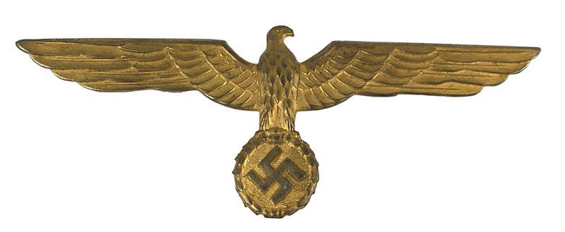 German WWII Navy officer pinback breast eagle: F-99 German WWII Navy officer's gilt metal pinback breast eagle/swastika. Horizontal pin and retaining hook. Worn on the white summer tunic. II