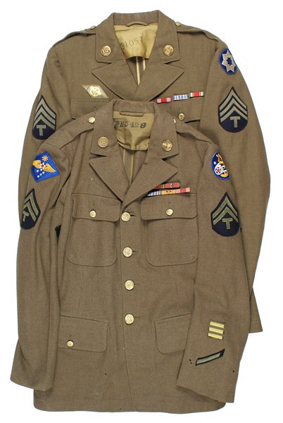 Lot 2 U.S. Army WWII Tech Sgt. Tunics: F-129 Lot of 2 U.S. Army WWII Tech Sgt. Tunics: (1) Far East and 5th AF shoulder "patches", "US" and AF collar discs, five ribbon bars, Service Stripe and Overseas Bars. Dated "1940". Several moth spo