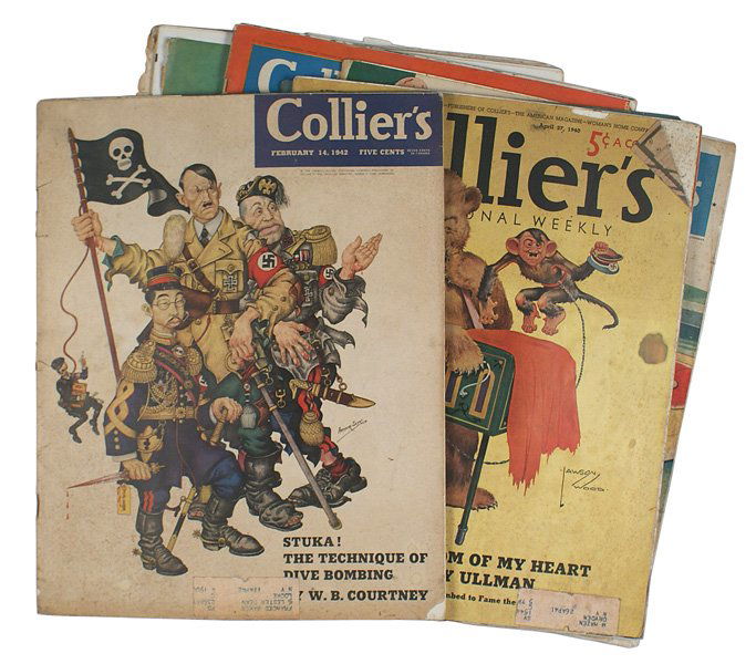 Lot of 8 WWII era Colliers magazines: I-7 Lot of 8 WWII era Colliers magazines. Interesting covers include a satire of the Russian bear organ grinder and Hitler as the monkey, as well as two superb anti-Nazi caricatures by Arthur Syzk. Mo