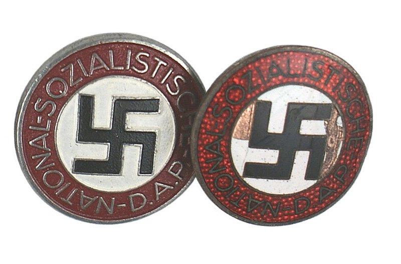 Lot of 2 German WWII NSDAP lapel pin: B-29 Lot of 2 German WWII NSDAP members lapel pins: (1) Enameled as above. Marked "RZM" and "M/120". Obverse is chipped. (2) Painted type. Marked "RZM" and "M1/101". II