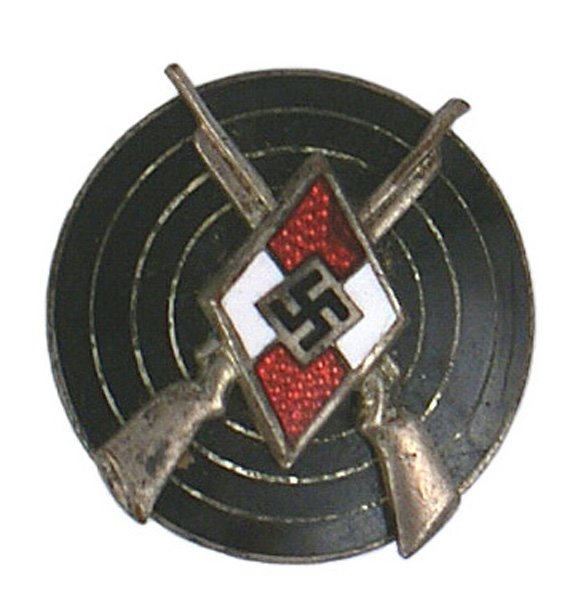 German WWII Hitler Youth Marksman badge: B-41 German WWII Hitler Youth Marksman's badge. Enameled HJ diamond with crossed rifles applied to a black enameled target. Marked "RZM M1/63". II