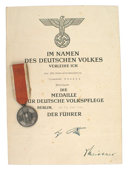 German WWII Social Welfare Medal: B-53 German WWII Social Welfare Medal. Relief eagle/swastika on a red cross. Smokey silver finish. With the award certificate given to a Red Cross nurse. Dated "19 June 1944". Embossed eagle/swastika/