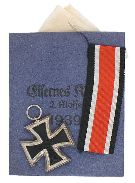 German WWII 1939 Iron Cross 2nd Class: B-95 German WWII 1939 Iron Cross 2nd Class. Ring marked "1". With original ribbon, tissue paper, and issue packet envelope. Reverse marked with name of maker "Deschler & Sohn-Munchen". I