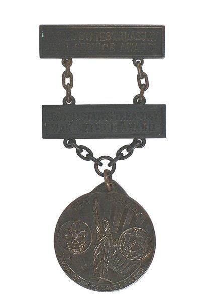 U.S. WWI Treasury Department Medal: B-206 U.S. WWI Treasury Department Boy Scouts 3rd and 4th Liberty Loan Medal. Chain hanger with the 3rd (with pin-back) and 4th Loan award bars. Maker marked "GORHAM CO." II