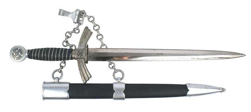 German WWII Luftwaffe 1st Model dagger: D-14 German WWII Luftwaffe 1st Model dagger-aluminum fittings. Wire wrapped grip. Crack line on left side of crossguard. 12 1/4" "PUMN…"/logo blade-has been sharpened. Blue leather covered scabbard.