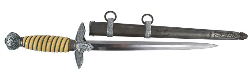 German WWII Luftwaffe 2nd Model dagger: D-21 German WWII Luftwaffe 2nd Model officer's dagger-with a yellow grip (cracked). Fairly clean "Alcoso"/logo marked blade. Darkened scabbard. About II