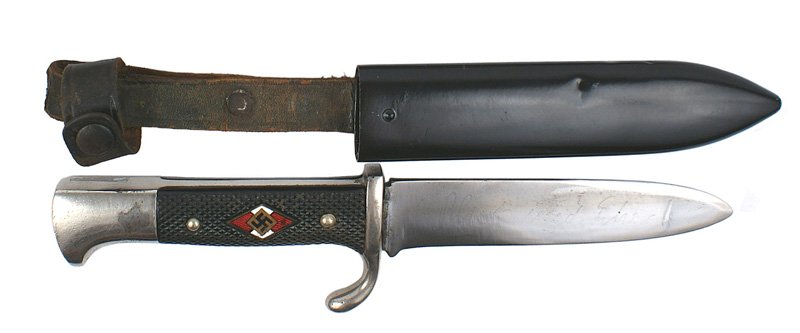 German WWII Hitler Youth knife dagger: D-28 German WWII HJ (Hitler Youth) knife dagger. 4 3/4" blade has been buffed clean. "Blut und Ehre!" still legible. Marked with "TIGER SOLINGEN" logo and "GESETZL GESCHUTZT". Missing leather spacer. 