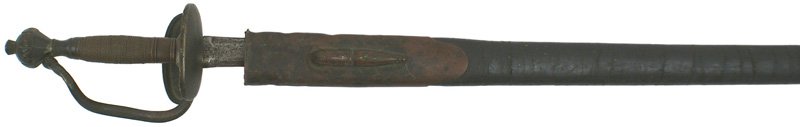 Imperial German 18th Century child sword: D-51 Imperial German 18th Century child's sword. Age darkened brass wire wrapped grip, pommel, curved snake knucklebow and turned up guard. Crossguard finial is missing. 20 1/2" darkened blade marked 