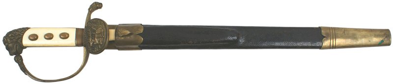 German Oberforster hirschfanger dagger sword: D-53 German 19th century deluxe Oberforster "hirschfanger". Age darkened well-detailed lion head pommel, reverse "D" knuckle bow, clamshell guard with a high relief seated stag/forest background and l