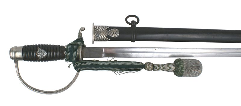 German WWII Police subordinate sword: D-62 German WWII Police subordinate ranks dress sword. Eagle/swastika/oak leaf wreath insignia set into the black ribbed wood grip. Clean metal oval pommel cap, reverse "D" knucklebow/crossguard and o