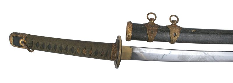Japanese Navy officer WWII katana samurai sword: D-69 Japanese Navy officers WWII katana. Use darkened green cord wrapped blue rayskin grip. Patina on gilt floral menuki, pommel cap, and fuchi. Plain brass tsuba with smaller "rays" ovals on top and 