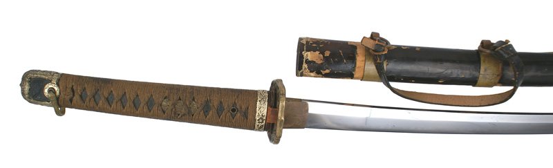 Japanese Navy katana samurai sword: D-70 Japanese Navy katana. 25" clean blade with a fairly even "waves" temper line. Copper habaki with "cat scratches". Tang appears to be signed "SEKI KANEHARU". Orange cord wrapped grips with darkene