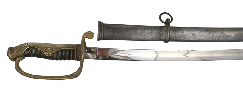 Japanese Army officer dress sword: D-73 Japanese Army officer's dress sword. Brass floral decorated backstrap, reverse "D" knucklebow and pierced floral guard. Wire wrapped black wood grip. 30 5/8" clean curved blade with a simulated "