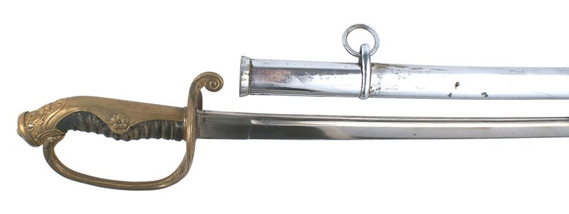 Japanese WWII Army officer dress sword: D-74 Japanese WWII Army officers dress sword. Floral decorated backstrap, and pierced guard with a reverse "D" knucklebow. Wire wrapped grip shows wear. 29" blade with a 5" pitted area, which has been