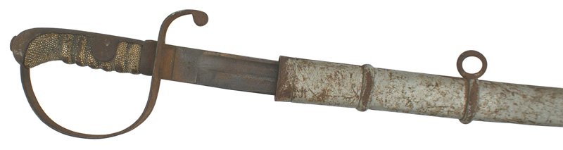 Austrian M1877 Light Cavalry sword: D-79 Austrian M1877 Light Cavalry sword. Sharkskin grip. Steel pommel/backstrap and wide reverse "D" knucklebow are rusted. End of guard is bent downward. Gray 29 1/2" blade with dark spots is marked 
