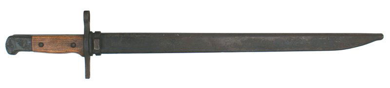 Japanese Arisaka M1897 bayonet: D-99 Japanese Arisaka M1897 bayonet. Clean unused wood grips. 75% blue on the blade-marked with the Kokura Arsenal and an "M"/arrow stampings. Never used. Darkened scabbard retains 50% of the finish.