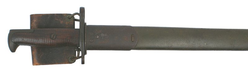 U.S. M1905 Springfield bayonet: D-111 U.S. M1905 Springfield bayonet. Wood grips with a 100% parkerized pommel, crossguard and muzzle ring. 16" blade with 100% finish. Marked "SA" with flaming bomb and "1908", also "US" and serial n