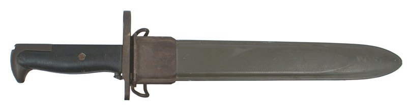 U.S. 1942 WWII issue bayonet: D-114 U.S. 1942 WWII issue bayonet-shorter model. Black bakelite rips. Fittings have browned. 9 7/8" blade retains 50% of the finish. Marked "U.F.H." and "US" with a flaming grenade. Shows some wear. 