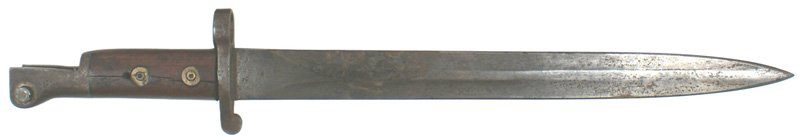 British pattern of 1888 bayonet: D-120 British pattern of 1888 bayonet. Unusual with the upper half of the steel pommel cut-away. Steel muzzle ring and short crossguard. 11 7/8" blade marked with a crown over "VR", "2,91", "00", "03"