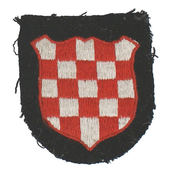 German WWII Croatian shield 13th Waffen-SS: H-79 German WWII Croatian red/white checkered shield. Worn by the 13th Waffen-SS Mountain Division "Handschar". Was removed from a uniform. II