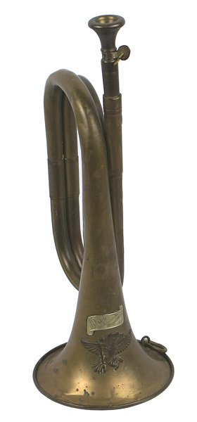 German WWII Hitler Youth Corps bugle: H-105 German WWII Hitler Youth Corps bugle. Age-toned brass with an affixed early HJ type eagle/swastika and silver maker's tag "Hess Musikinstr Fabr. Klingenthal-Sa". Ring on side of flair. Some smal