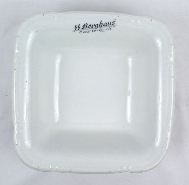 German WWII SS-Berghaus porcelain dish: H-119 German WWII "SS-Berghaus-Bayrischzell" marked white porcelain vegetable dish. 8" x 8". Made by "BAUSCHER-WEIDEN". From a part of the table service used at the SS retreat near Bad Tolz and Hitler
