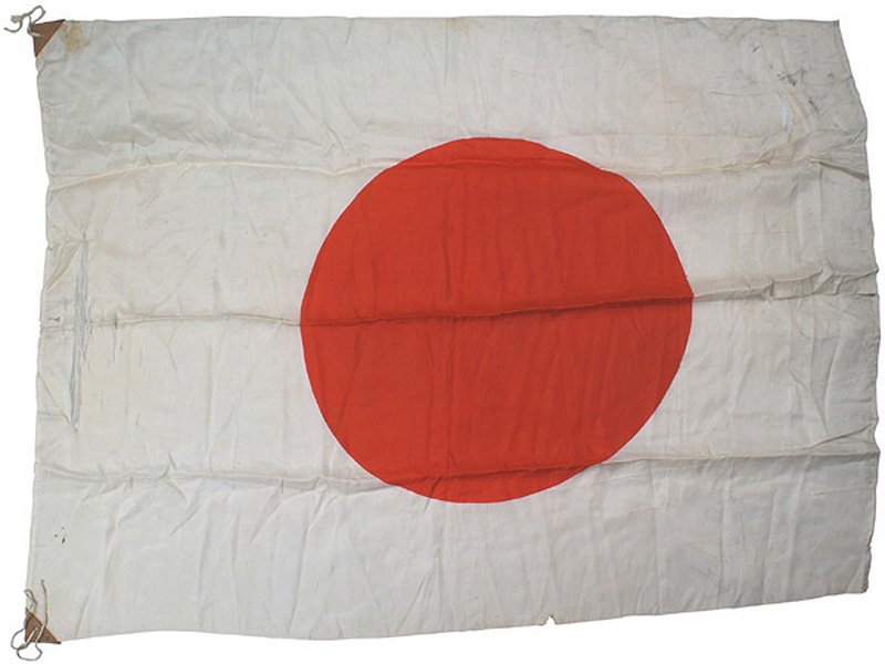 Japanese WWII meatball flag: H-136 Japanese WWII "meatball" flag-silk with black ink stenciled characters and a red stamped panel in upper left corner with several characters. Blood stained. Reinforced corners with ties. 28" x 38