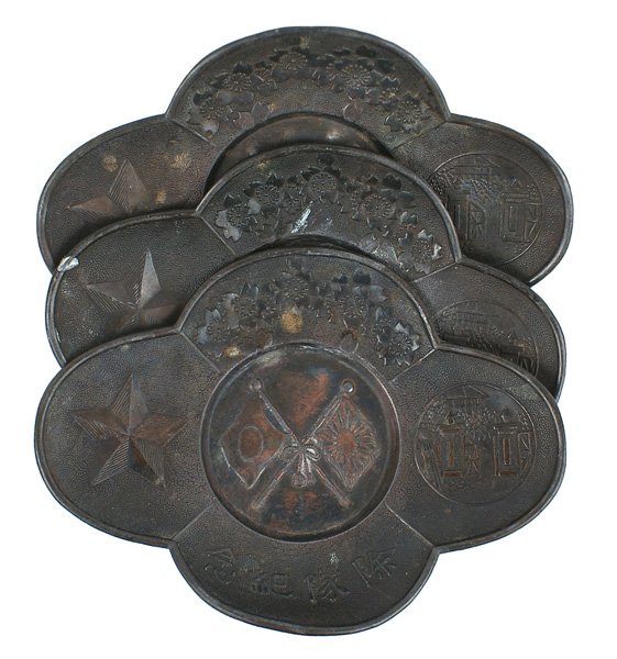 Set 3 Japanese WWII patriotic metal trays: H-150 Set of 3 Japanese WWII era patriotic metal trays. Relief crossed flags/large star/floral work/ etc. 3 1/8" x 4 1/4". All darkened from age. II-
