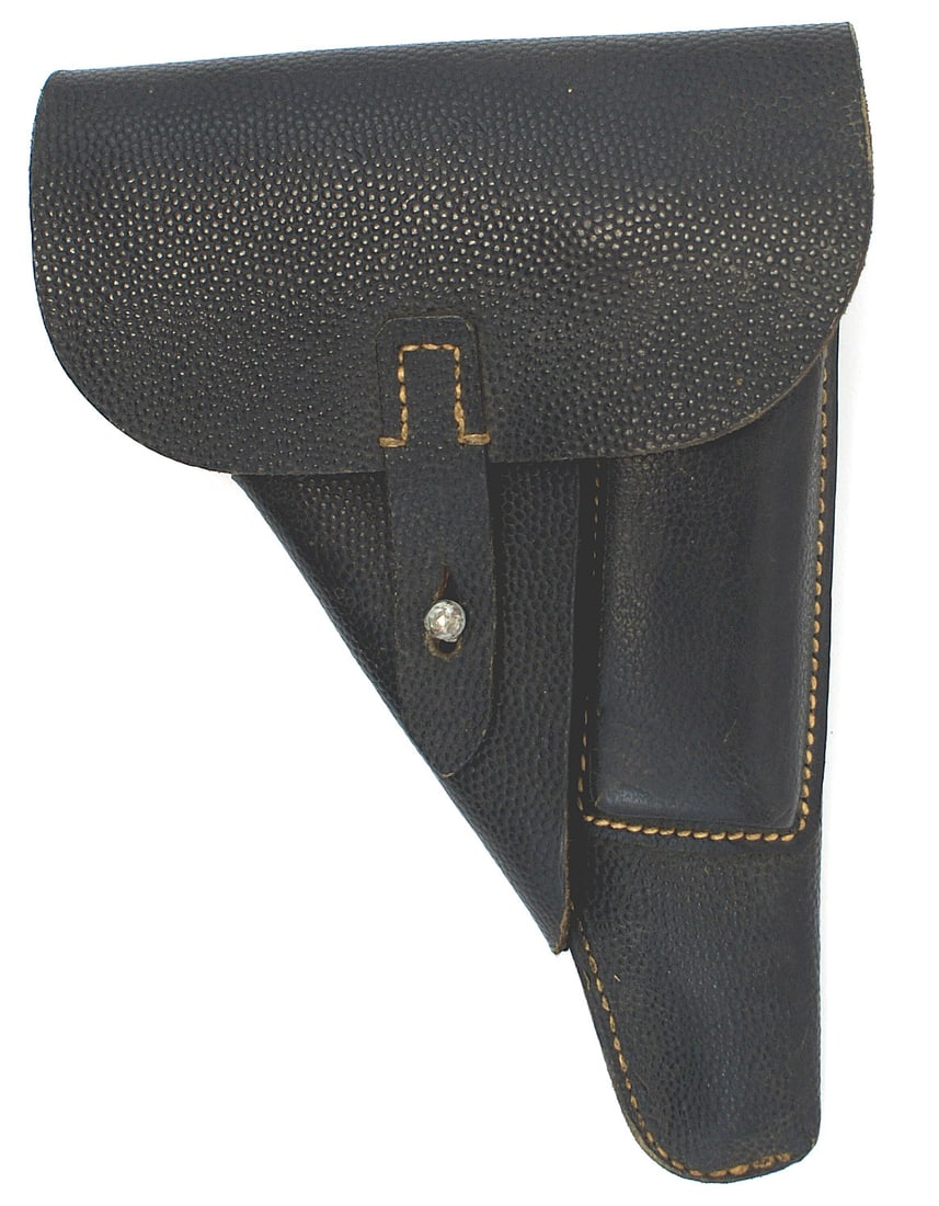 German WWII black pigskin P 38 holster: M-043 German WWII black "pigskin" P-38 holster. Revers is marked "P-38", "cx8 over "4" and Waffen stamp. Excellent. I