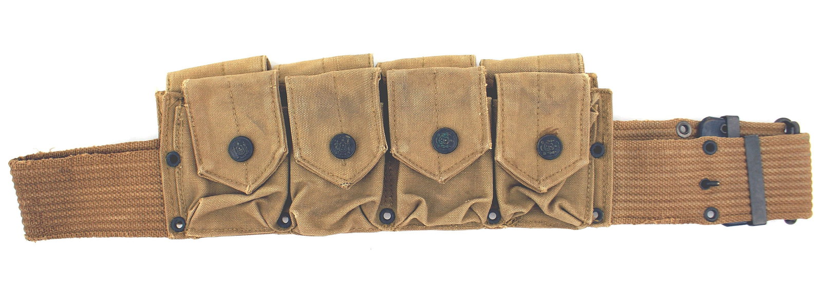 US M1920 NYS web cartridge belt: M-055 US M1920, eight pocket tan web cartridge belt. Early N.Y.S. coat -of -arms on the pocket flap snap buttons. One button replaced. Belt shows wear. Scarce. II-