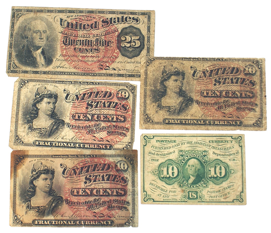 US fractional currency lot 1863: K-015 U.S. mid Century fractional currency: (1) 10 cents George Washington - green 1863. Good. (2) 10 cents Allegorical female. 1863. Three examples - one good, two poor. (3) 25 cents George Washingto