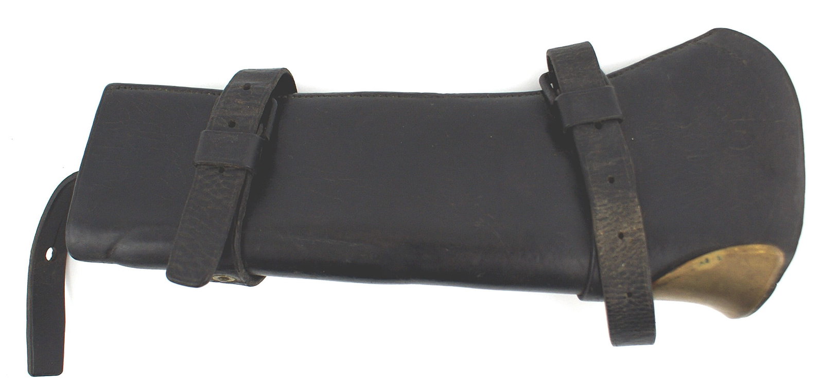 US Cavalry carbine boot ROCK ISLAND: K-058 US Cavalry carbine boot. 13" x 3 1/2" Solid "polished" black leather with a brass faced throat. Open top and bottom. Two horizontal and one vertical security scraps. Marked "ROCK ISLAND ARSENAL"